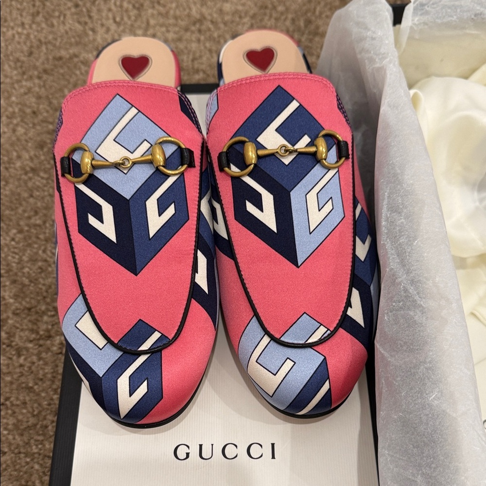 Gucci Princetown Horsebit Mules Pink Pattern Size EU 37.5 Brand New